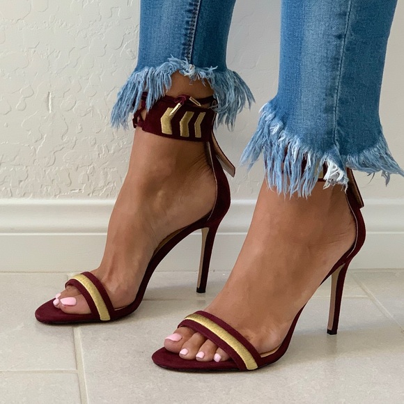 Red Wine Golden Embroidery High Heel Chic Sandal - Picture 2 of 7